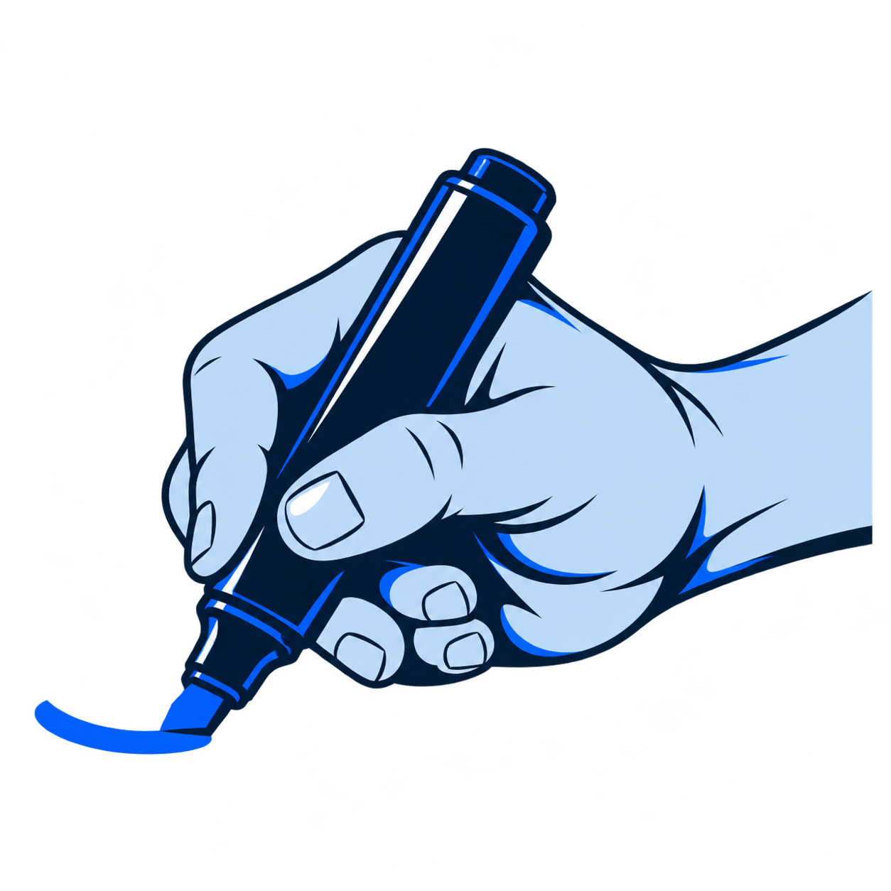 Illustrated hand drawing a blue line with a marker pen