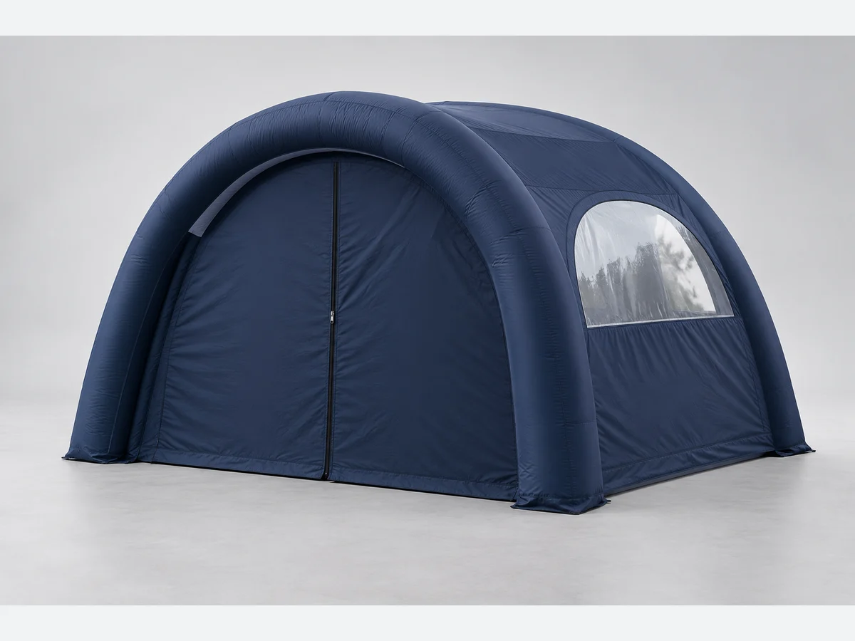 Conceptual navy inflatable gazebo with a centre-zip front wall and an arched window in the side wall