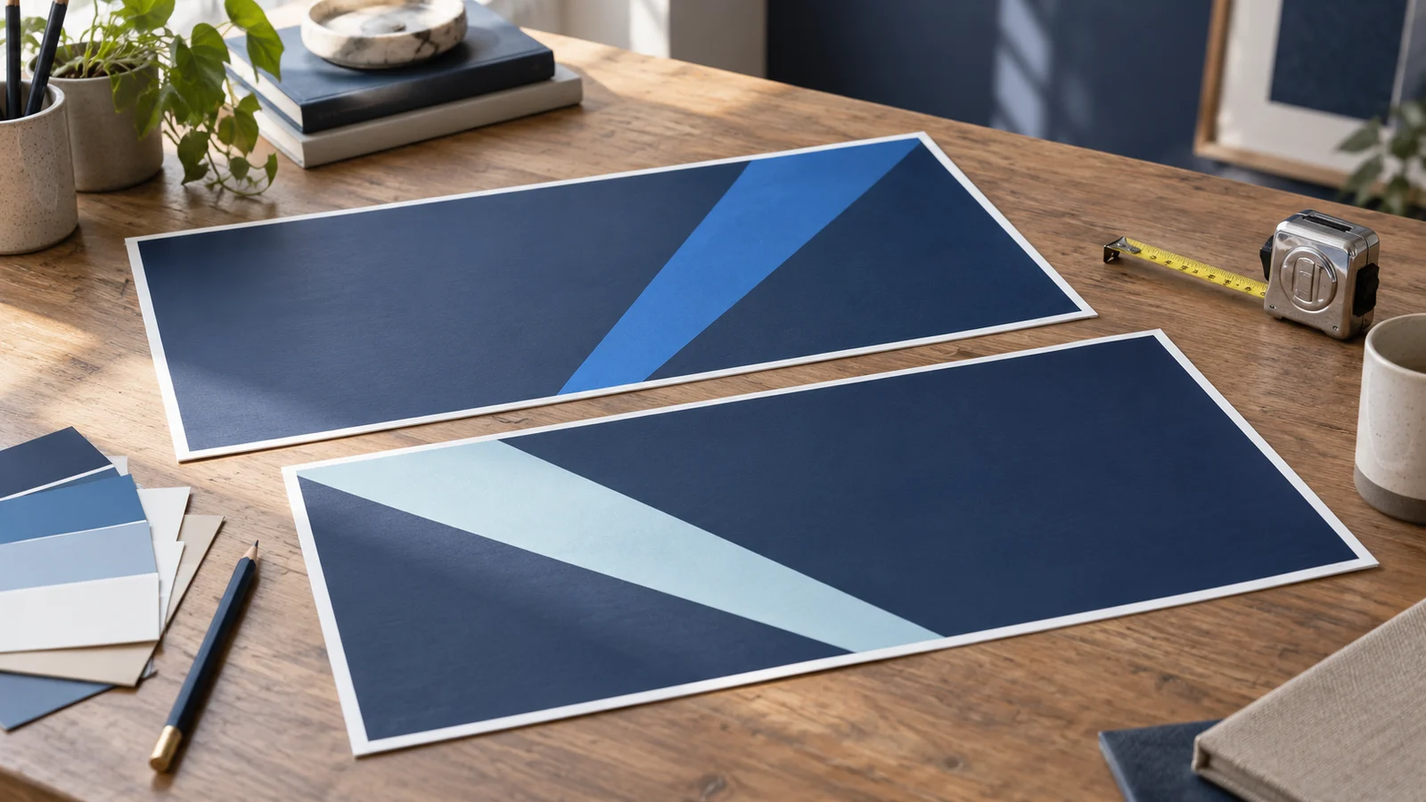 Two navy and blue artwork sheets with a tape measure and pencil on a worktable.
