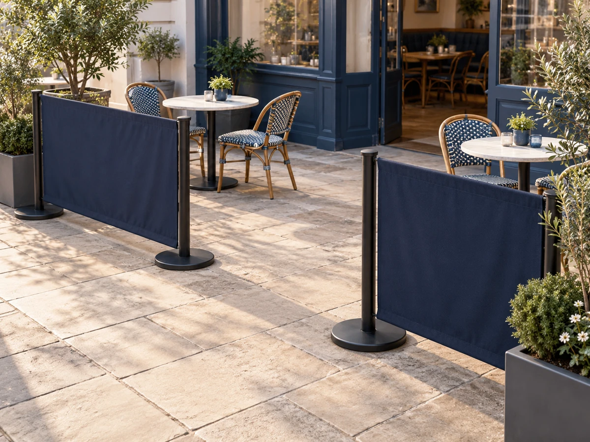 Conceptual café terrace with navy barrier panels and an open entrance between them