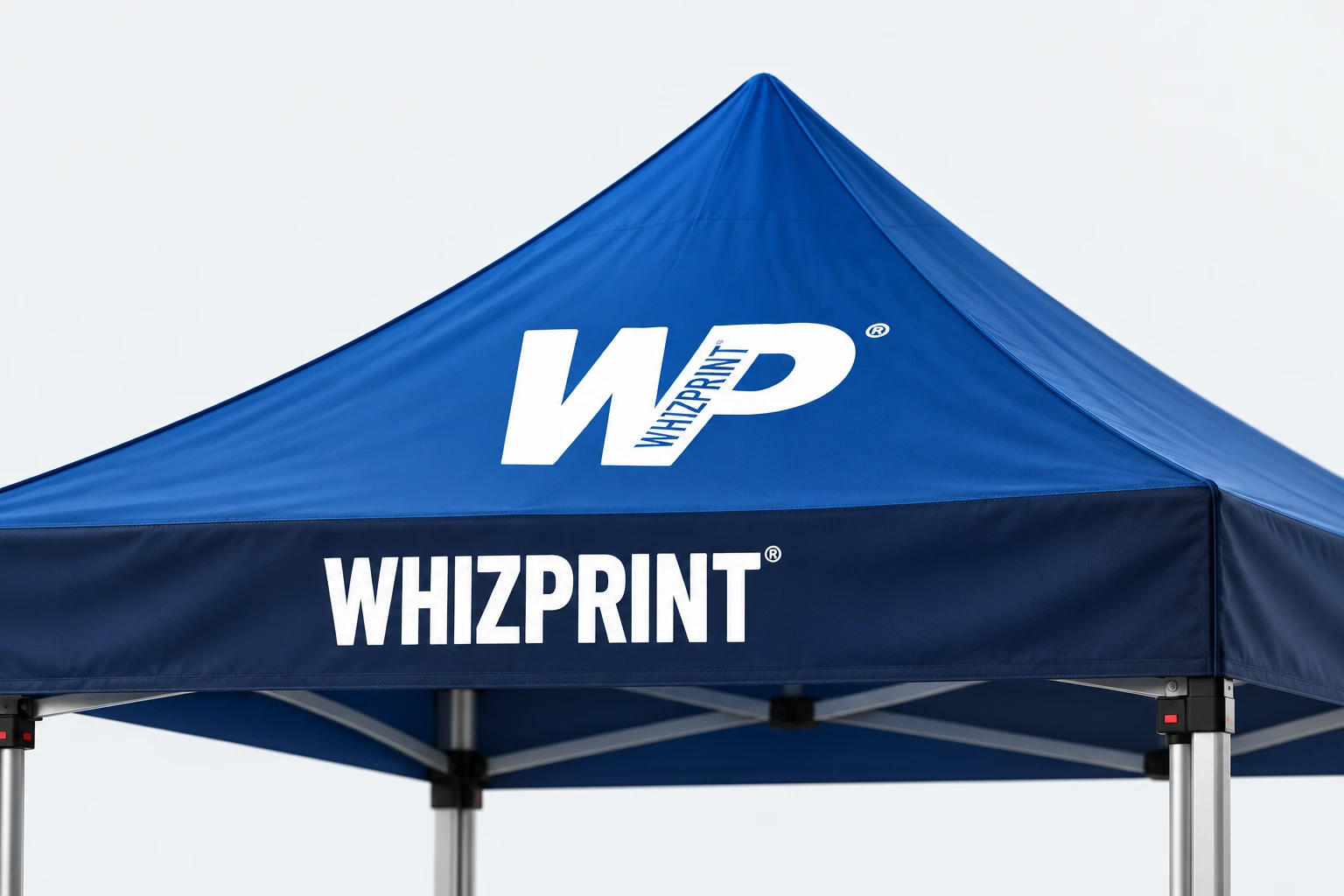 Illustrated close view of a blue gazebo canopy with a white WP mark above a navy WHIZPRINT valance.