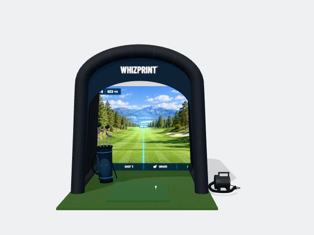 Inflatable golf simulator with example Whizprint branding
